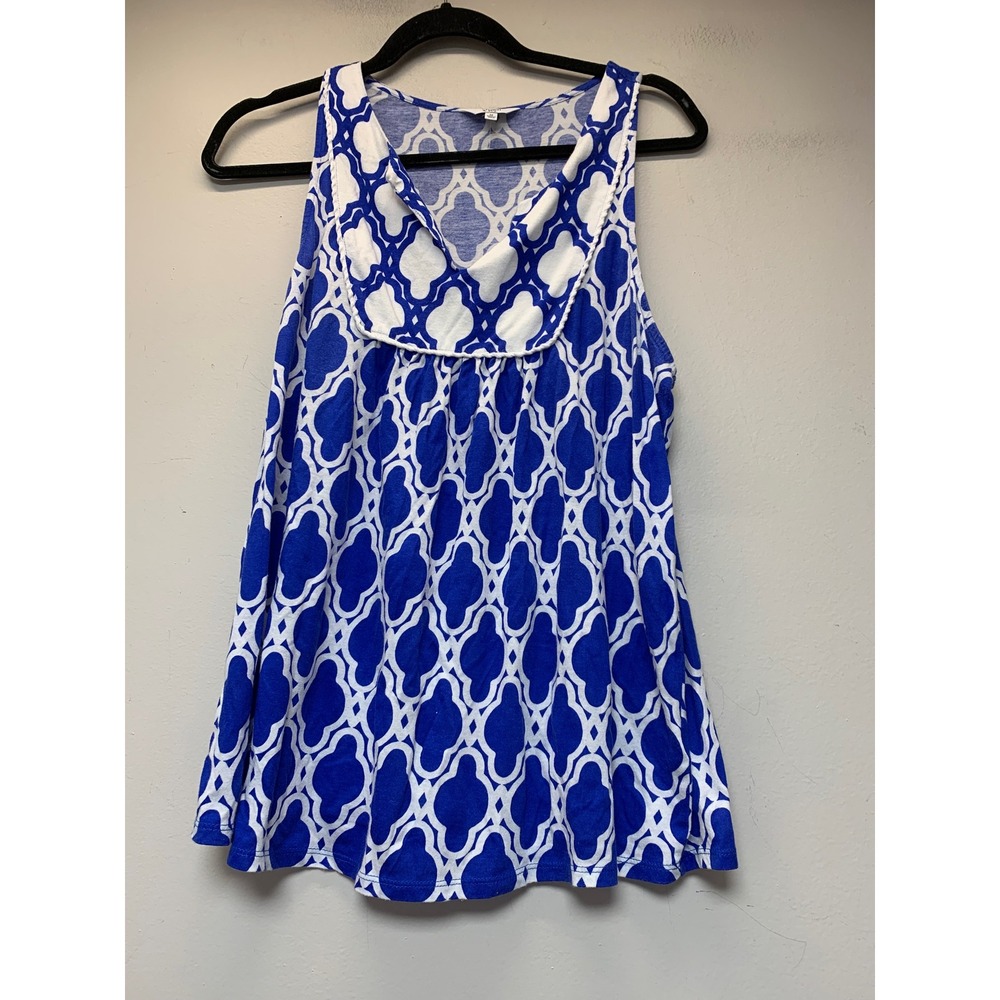 Crown & Ivy Tank Top Women Medium Blue Excellent Geometric Sleeveless V-Neck‎